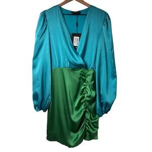 PRETTY LITTLE THING GREEN BLUE WOMEN MINI DRESS LONG SLEEVE SIZE USA 8 NEW